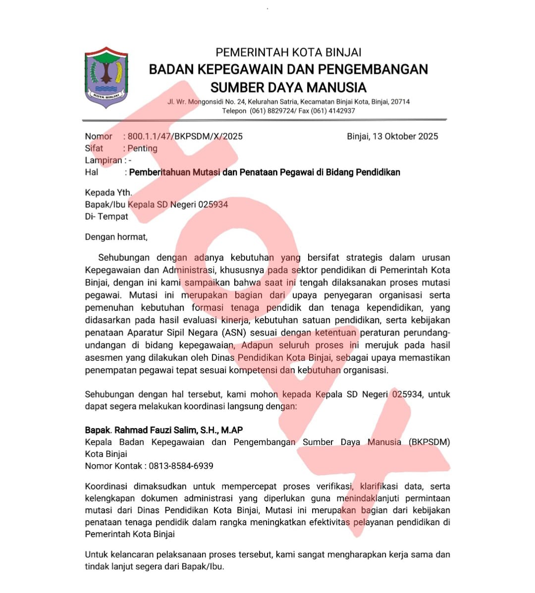 Heboh Surat Palsu Mutasi ASN Di Binjai, Pemko: Hoaks!