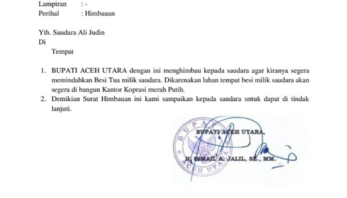 Minta Pindahkan Besi Tua, Oknum Masyarakat Diduga Palsukan Surat Bupati Aceh Utara