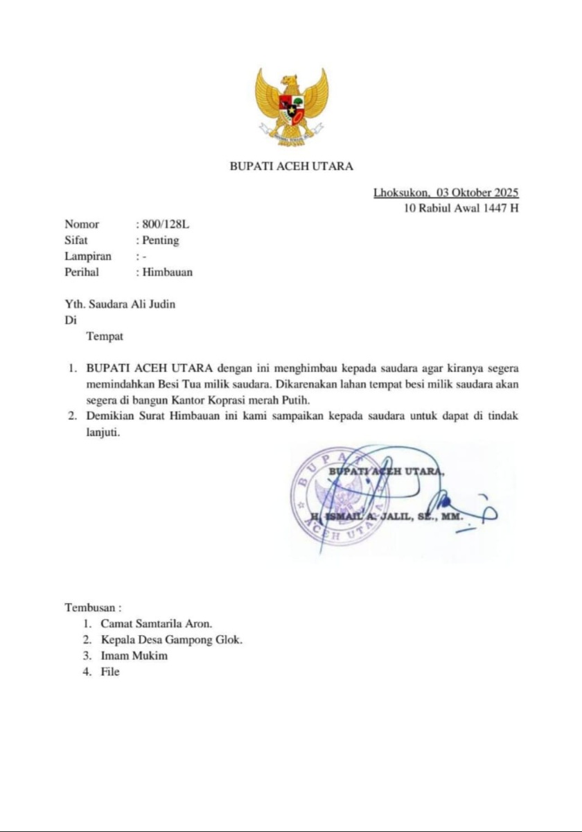 Minta Pindahkan Besi Tua, Oknum Masyarakat Diduga Palsukan Surat Bupati Aceh Utara