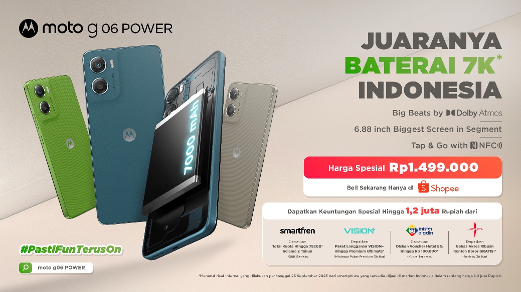 Memperkenalkan moto g06 POWER: Juaranya Baterai 7K Indonesia! Dapatkan secara eksklusif di Shopee mulai hari ini, 9 Oktober, dengan harga Rp1.499.000.