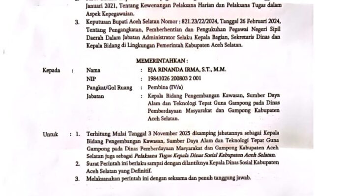 Bupati H. Mirwan Tunjuk Kabid DPMG Jadi Plt. Kadinsos Aceh Selatan, Disebut Kebijakan Aneh