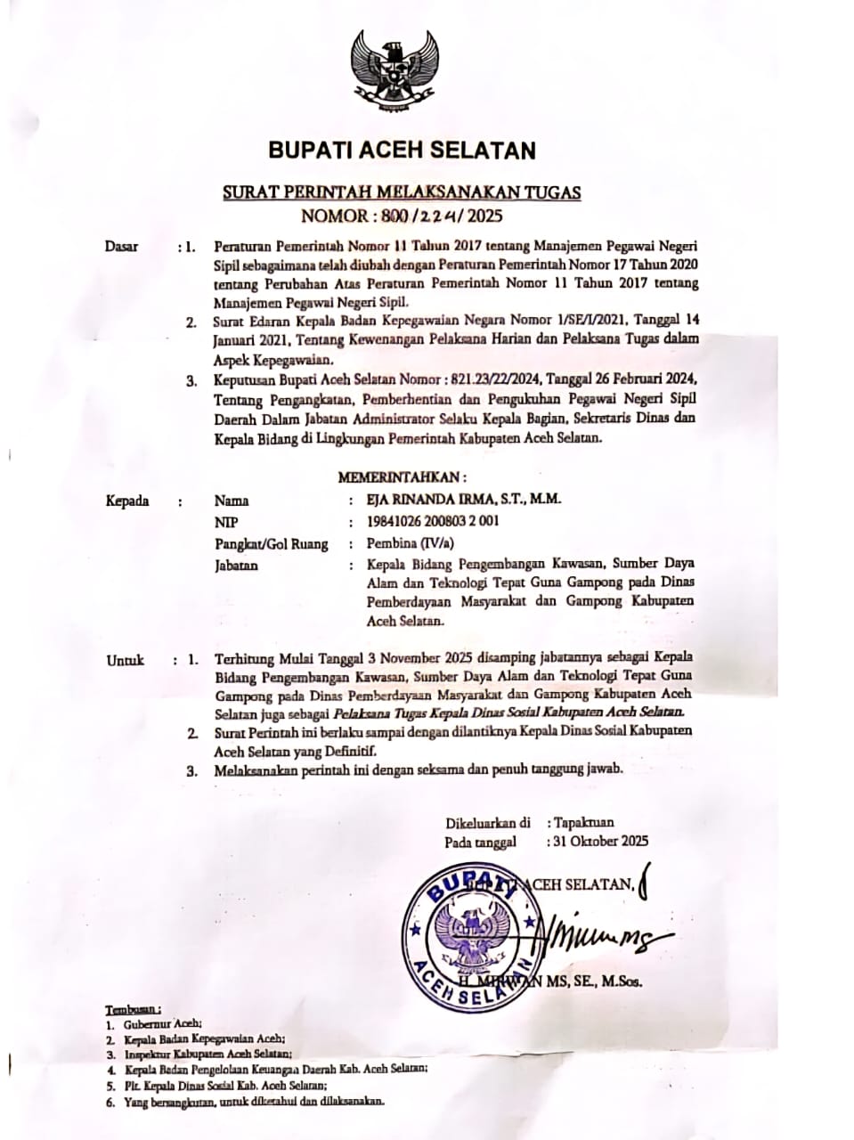 Bupati H. Mirwan Tunjuk Kabid DPMG Jadi Plt. Kadinsos Aceh Selatan, Disebut Kebijakan Aneh