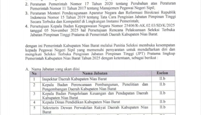 Pemkab Nisbar Lelang 10 JPT Pratama