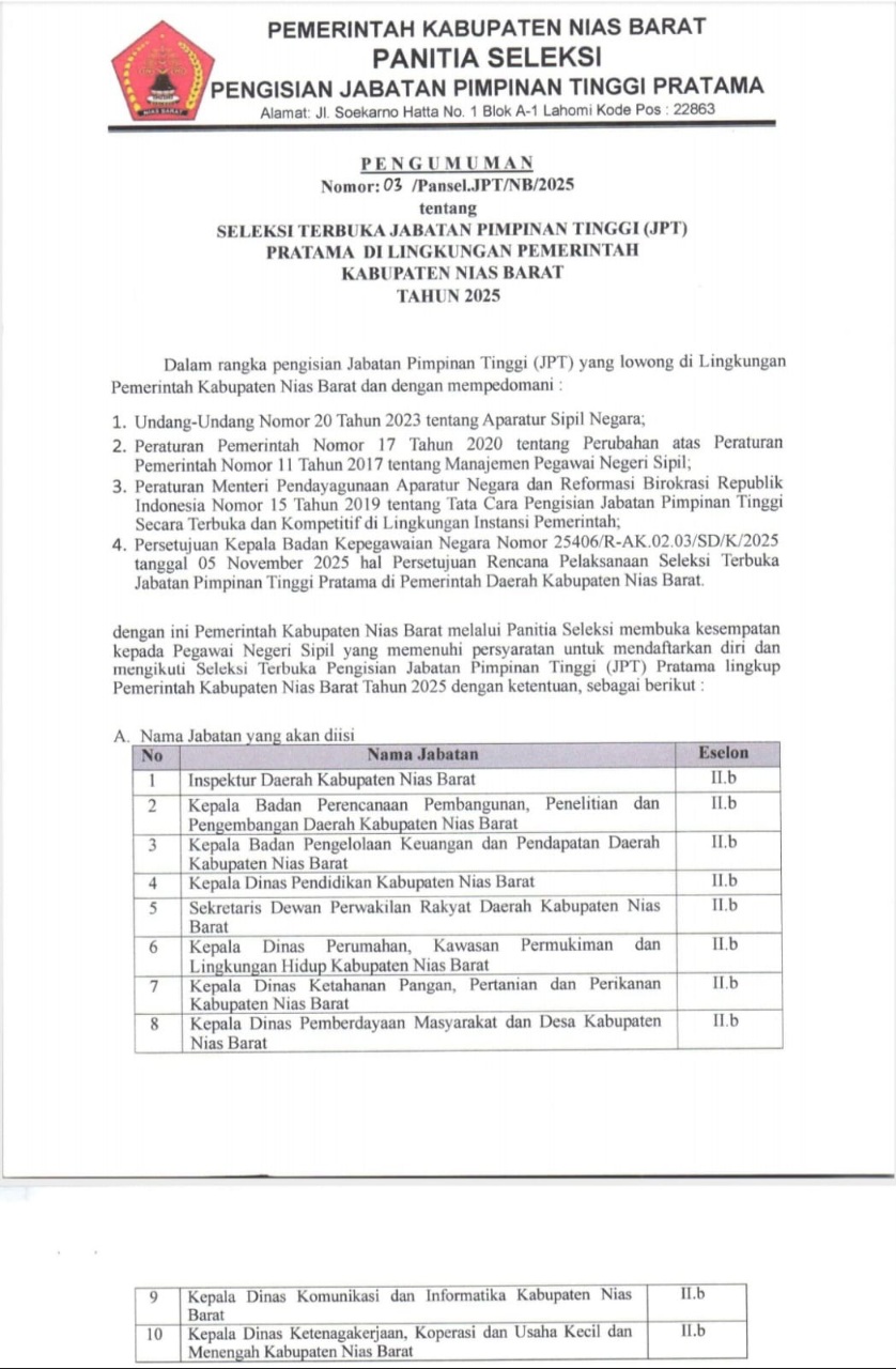 Pemkab Nisbar Lelang 10 JPT Pratama