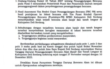 Bupati Tetapkan Status Tanggap Darurat Deliserdang Selama 14 Hari