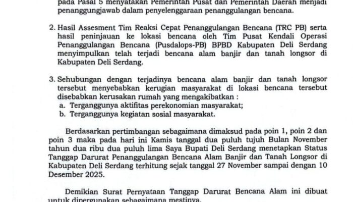 Bupati Tetapkan Status Tanggap Darurat Deliserdang Selama 14 Hari