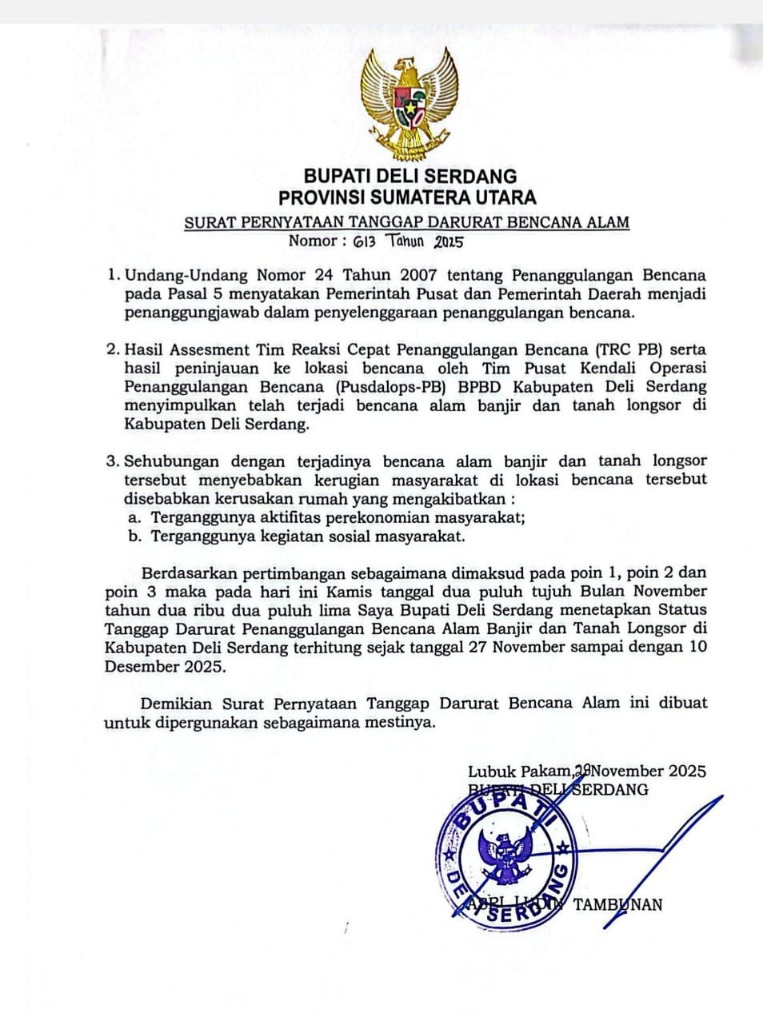 Bupati Tetapkan Status Tanggap Darurat Deliserdang Selama 14 Hari