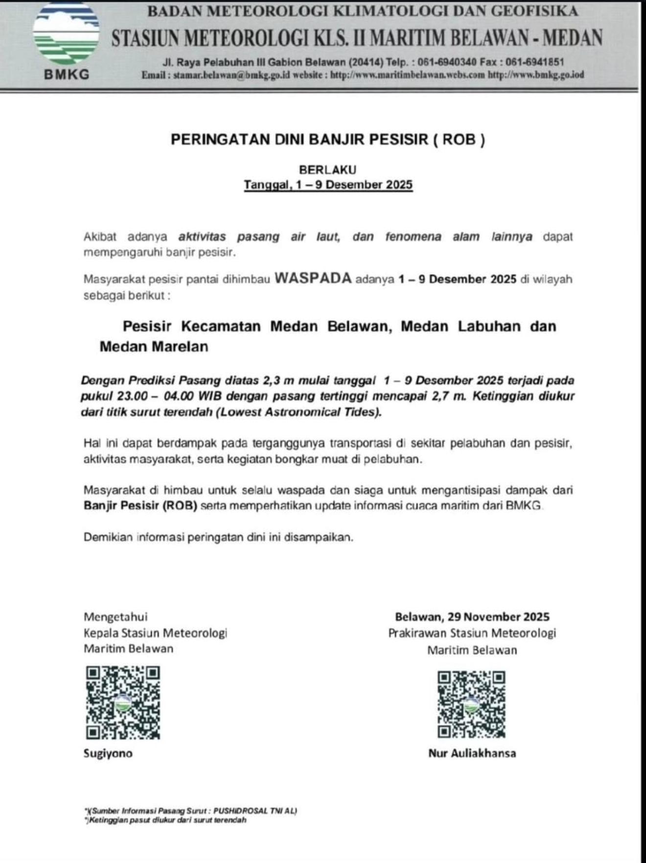 BMKG Belawan Keluarkan Peringatan Dini Banjir Pesisir 1–9 Desember 2025, Warga Diminta Waspada