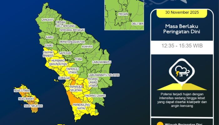 BMKG Keluarkan Peringatan Dini: Hujan Lebat Berpotensi Melanda Sejumlah Wilayah Sumut  Hingga Sore Hari