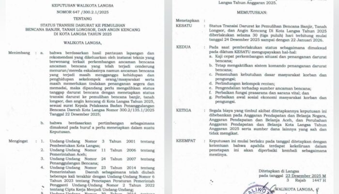 Status Darurat Banjir Kota Langsa Turun Ke Tahap Pemulihan