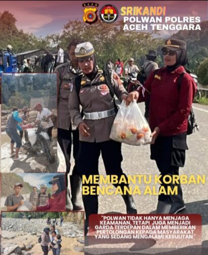 Polwan Polres Aceh Tenggara Bagikan Nasi Bungkus Korban Banjir