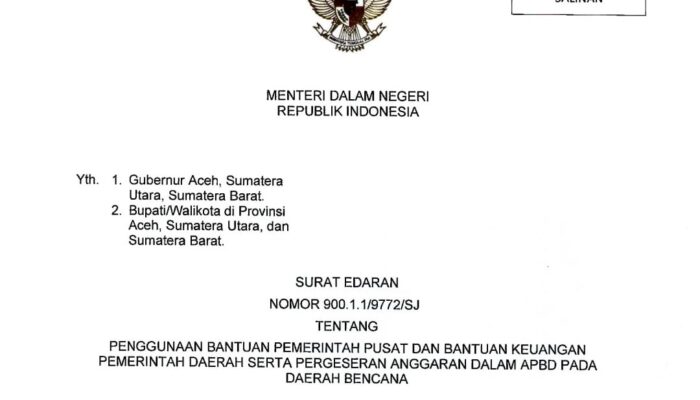 Mendagri Terbitkan SE Penggunaan Bantuan Keuangan Dan Pergeseran Anggaran Pada Daerah Bencana