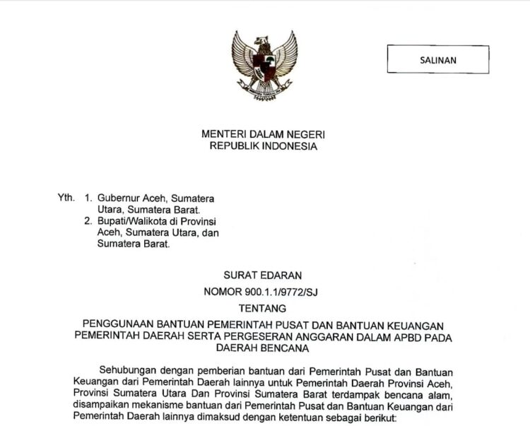 Mendagri Terbitkan SE Penggunaan Bantuan Keuangan Dan Pergeseran Anggaran Pada Daerah Bencana