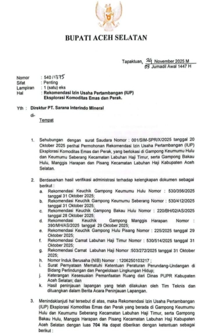 Di Saat Aceh Banjir, Bupati Mirwan Rekomendasi Tambang Emas Dan Perak Di Labuhanhaji