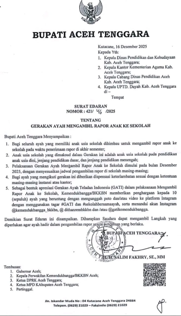 Bupati Agara Terbitkan Surat Edaran Tentang Gerakan Ayah Mengambil Rapor Anak Ke Sekolah