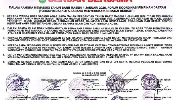 Jelang Pergantian Tahun 2026, Forkopimda Sabang Keluarkan Seruan Bersama