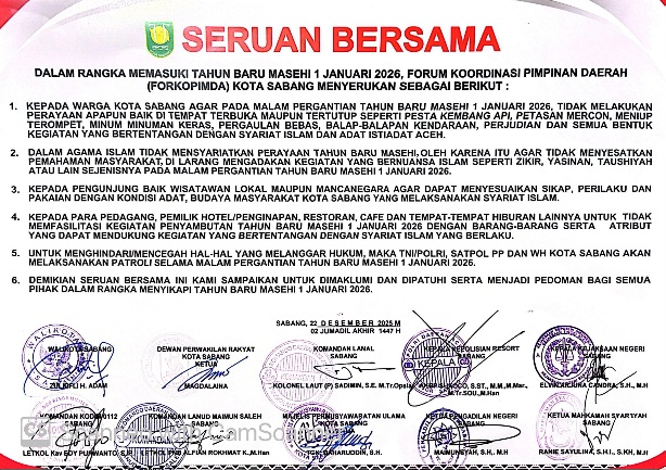 Jelang Pergantian Tahun 2026, Forkopimda Sabang Keluarkan Seruan Bersama