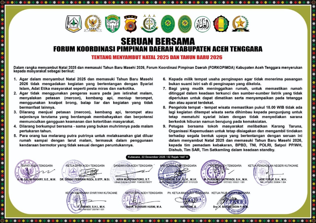Jelang Pergantian Tahun 2026, Forkopimda Aceh Tenggara Keluarkan Seruan Bersama