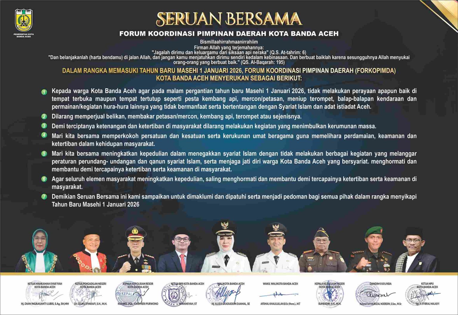 Forkopimda Banda Aceh Keluarkan Seruan Bersama Larangan Rayakan Tahun Baru 