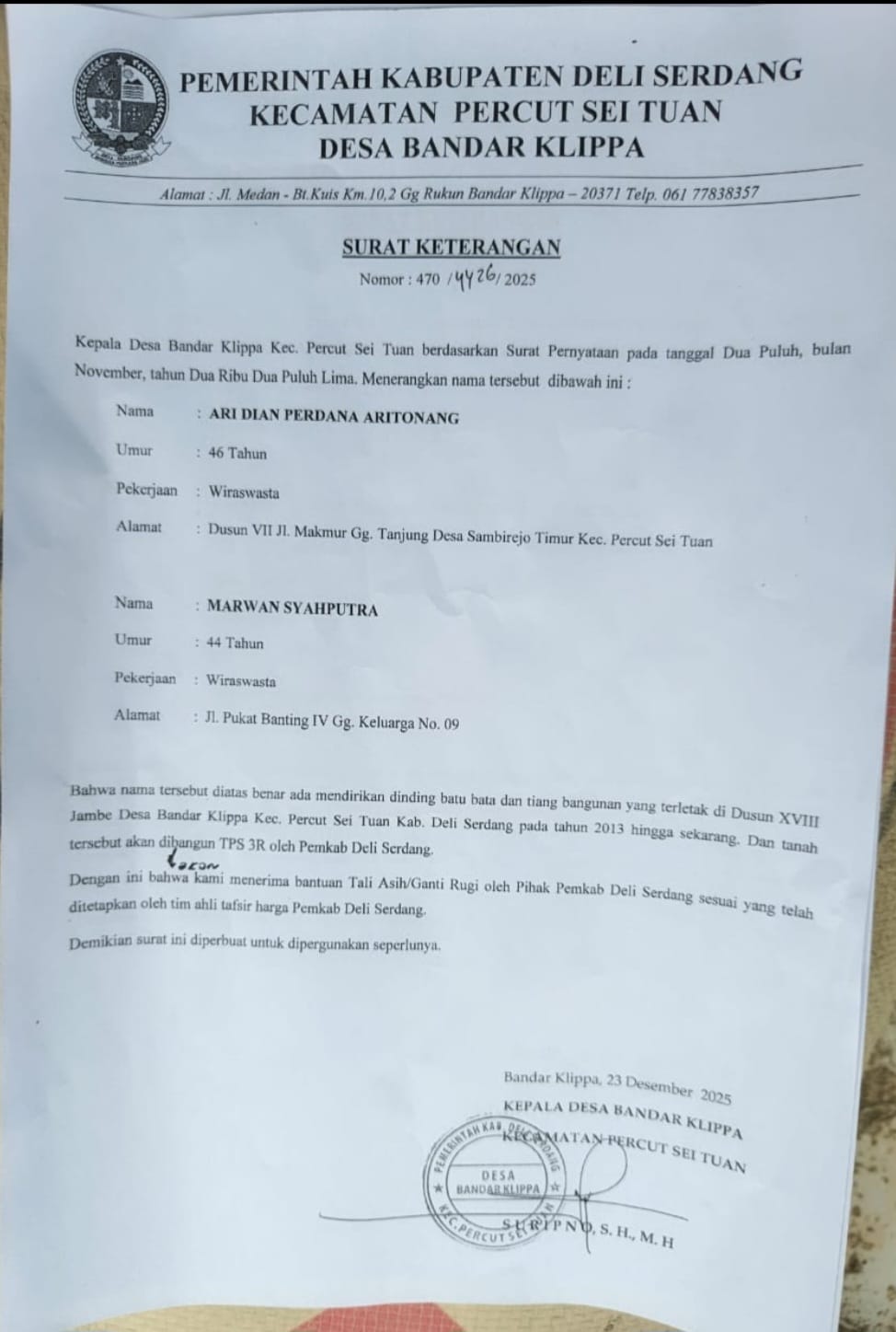 Diklaim Warga Sebagai Alas Hak Tanah, Kades Bandar Klippa Batalkan Dua Surat Keterangan