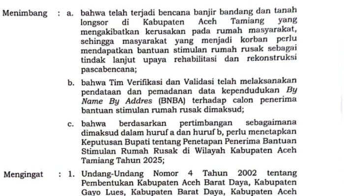 Pemkab Aceh Tamiang Tetapkan BNBA Penerima Bantuan Stimulan Rumah Rusak Tahap I