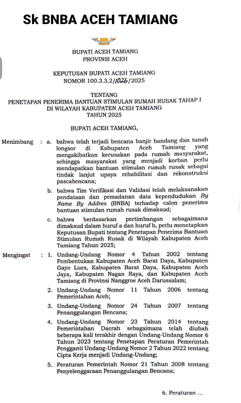 Pemkab Aceh Tamiang Tetapkan BNBA Penerima Bantuan Stimulan Rumah Rusak Tahap I