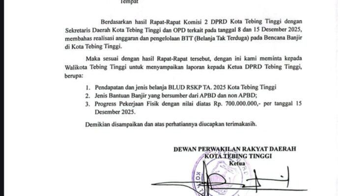 Dua Kali Minta Laporan, Pemko Tak Gubris DPRD Tebingtinggi