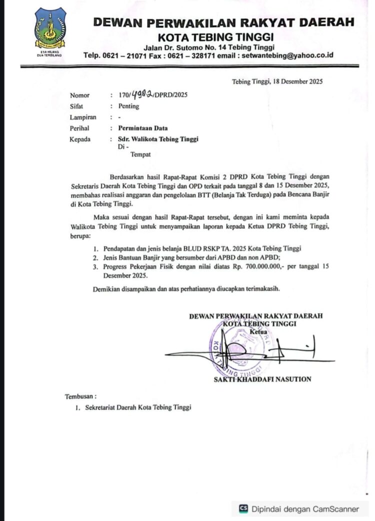 Dua Kali Minta Laporan, Pemko Tak Gubris DPRD Tebingtinggi