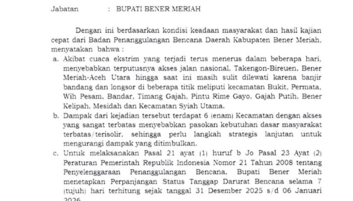 Pemkab Bener Meriah Perpanjang Status Tanggap Darurat Hingga 6 Januari 2026