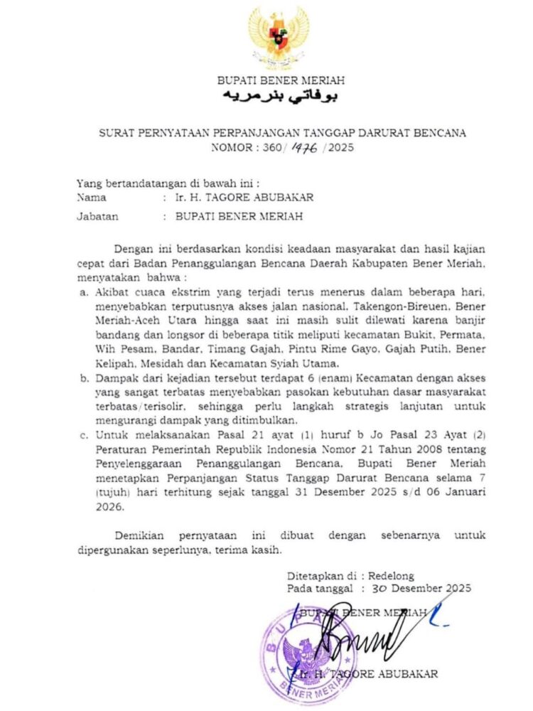 Pemkab Bener Meriah Perpanjang Status Tanggap Darurat Hingga 6 Januari 2026