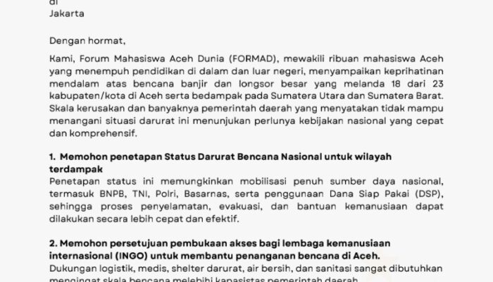 FORMAD Surati Presiden: Desak Status Darurat Nasional Dan Pembebasan SPP Korban Bencana Aceh-Sumatera