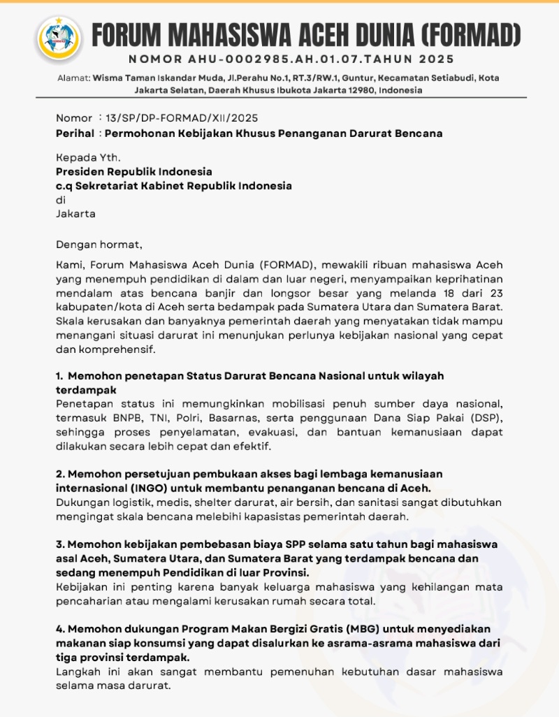 FORMAD Surati Presiden: Desak Status Darurat Nasional Dan Pembebasan SPP Korban Bencana Aceh-Sumatera