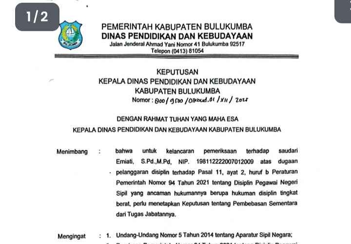 Ramai Disorot, SK Nonaktif Sementara Kepala SDN 175 Bulo-Bulo Dipersoalkan
