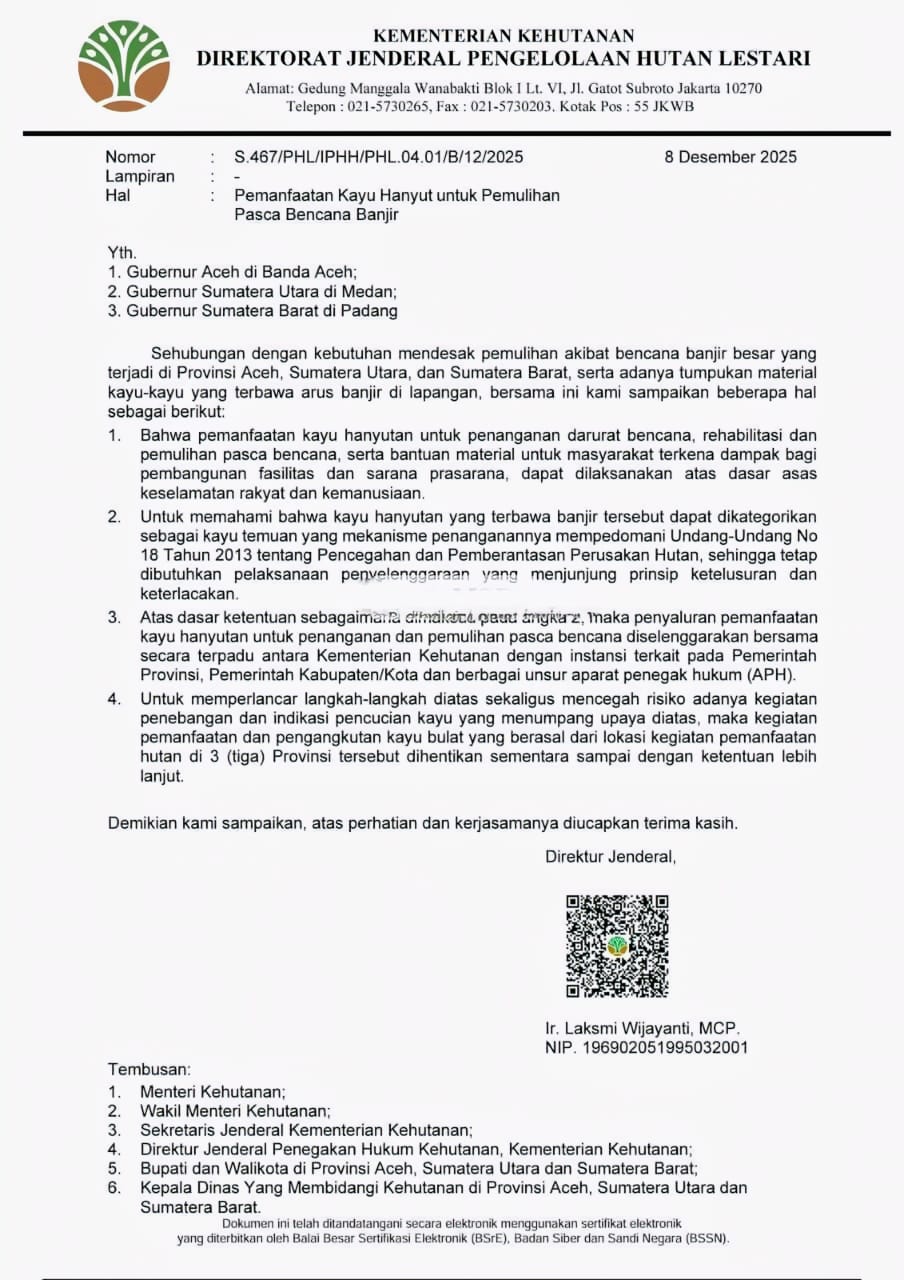 Kementerian Kehutanan Terbitkan Surat Pemanfaatan Kayu Hanyut Terbawa Arus Banjir