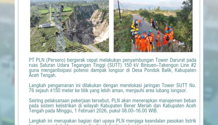 Antisipasi Longsor, PLN Bangun Tower Darurat di Jalur Bireuen–Takengon