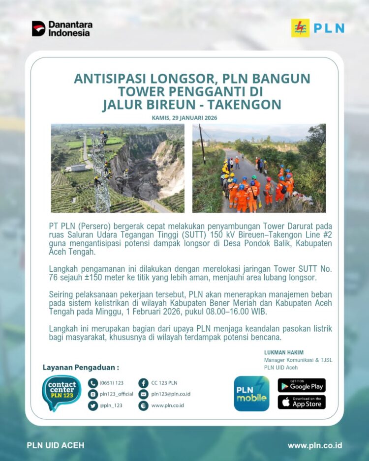 Antisipasi Longsor, PLN Bangun Tower Darurat di Jalur Bireuen–Takengon
