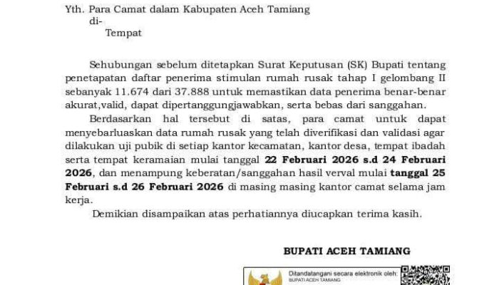 Pemkab Aceh Tamiang Uji Publik Penerima Bantuan Stimulan Rumah Rusak