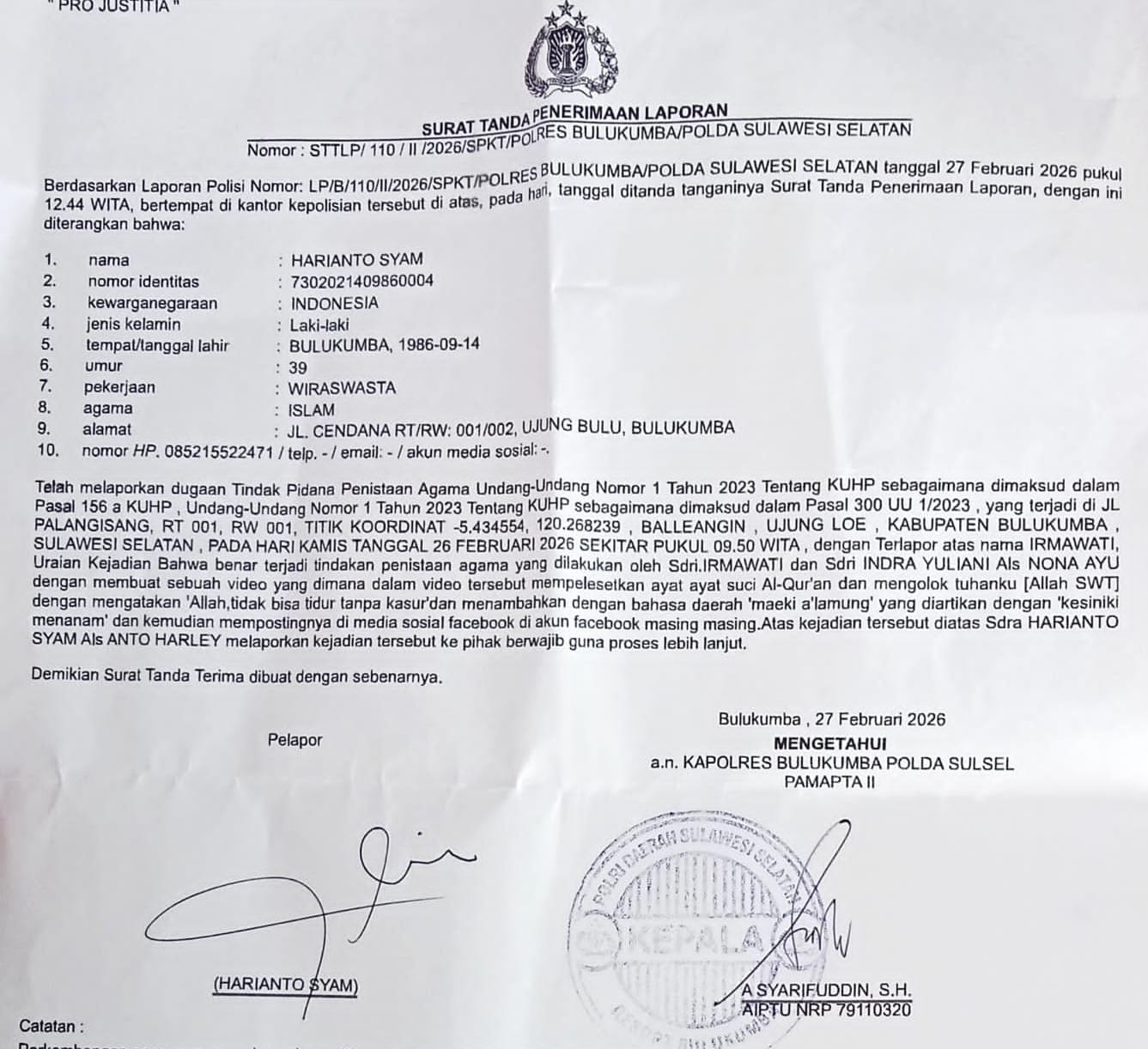 Video Diduga Penistaan Agama Viral, Dua Konten Kreator Facebook Dilaporkan ke Polres Bulukumba