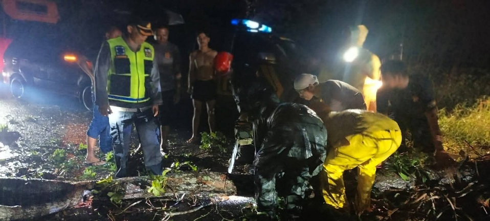 Polsek Tanah Jawa Bersihkan Pohon Tumbang, Jalan Lancar Pukul 00.30 WIB