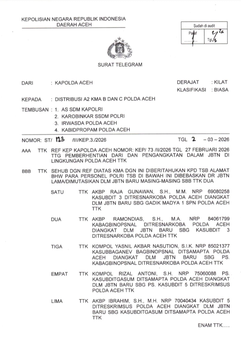 Kapolda Aceh Mutasi Puluhan Perwira, Ini Daftar Lengkap Pergeserannya