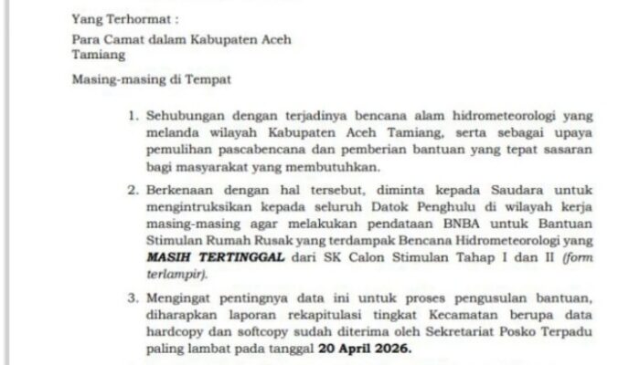 Pemkab Aceh Tamiang Percepat Pendataan Ulang Korban Bencana Untuk Bantuan Rumah Rusak