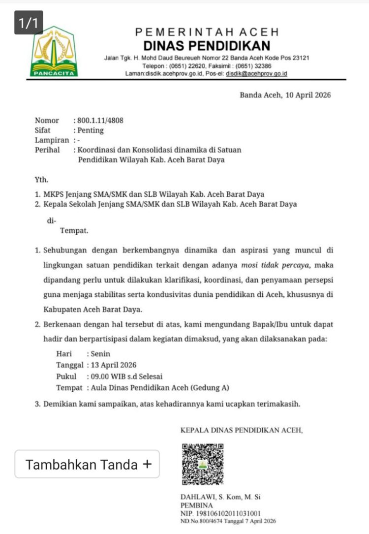 Menjaga Stabilitas, Disdik Aceh Panggil MKPS dan Kepala Sekolah Abdya