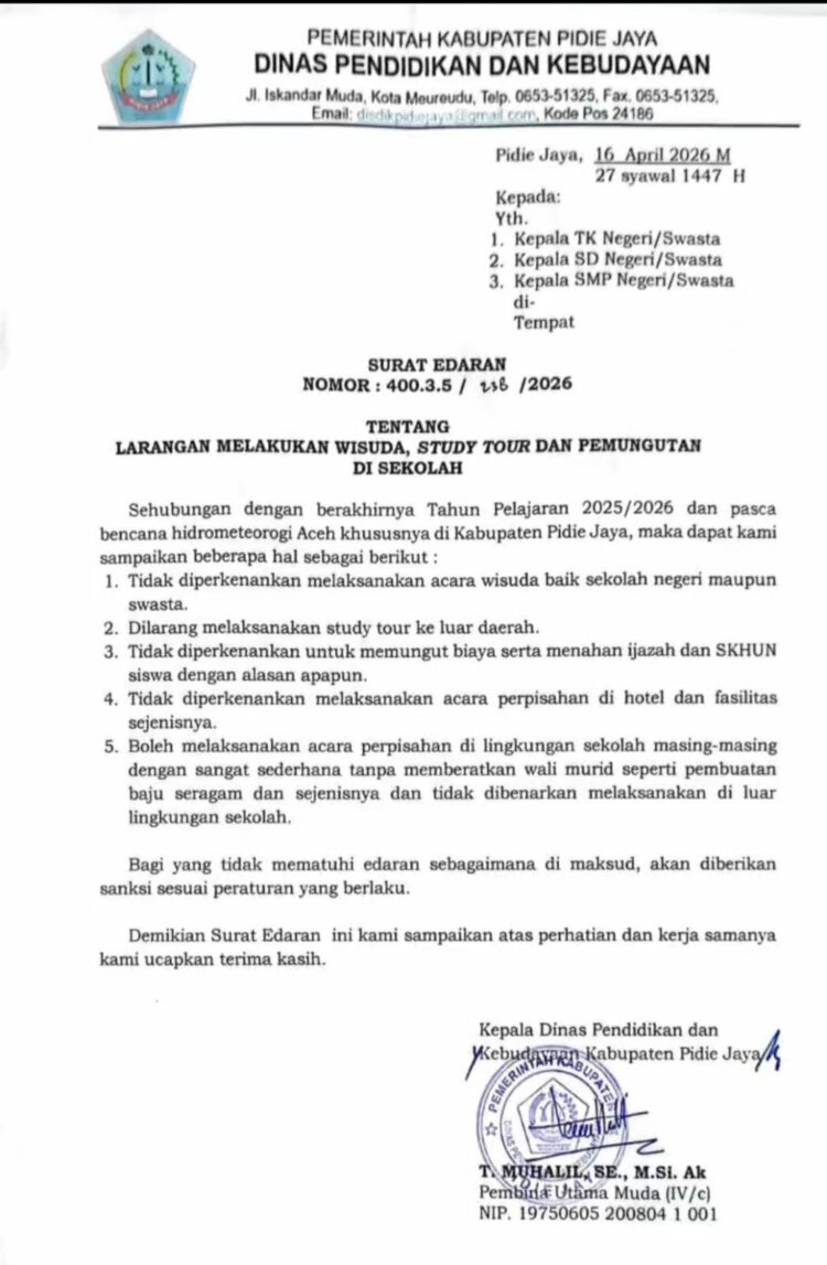 Larangan Keras, Kadisdik Pidie Jaya Tegaskan Tak Ada Wisuda dan Study Tour