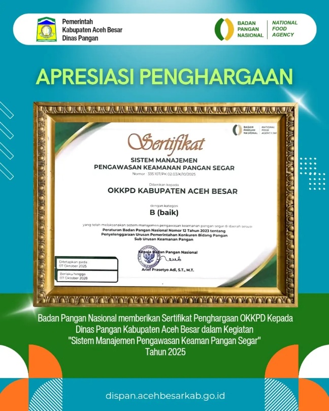 Dinas Pangan Aceh Besar Terima Penghargaan Dari Badan Pangan Nasional