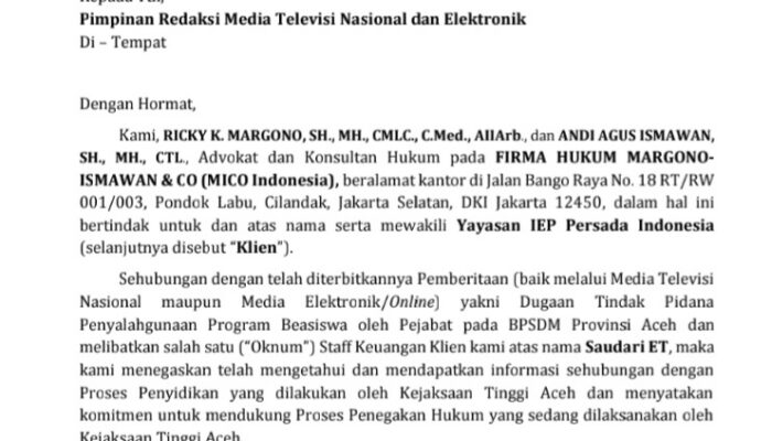 Hak Jawab Yayasan IEP Persada Indonesia