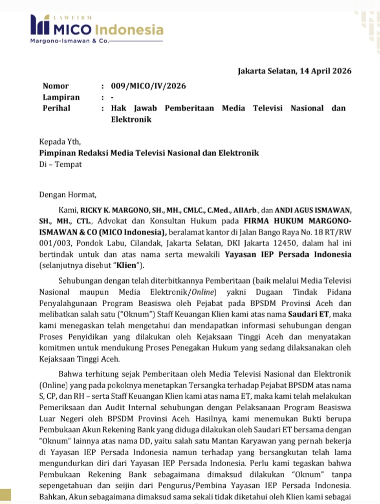 Hak Jawab Yayasan IEP Persada Indonesia